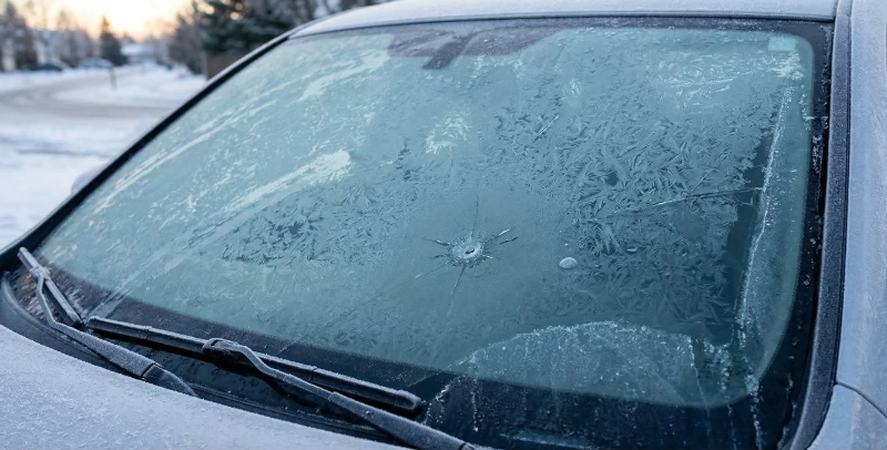 A stone chip in a frosted windshield on a winter morning